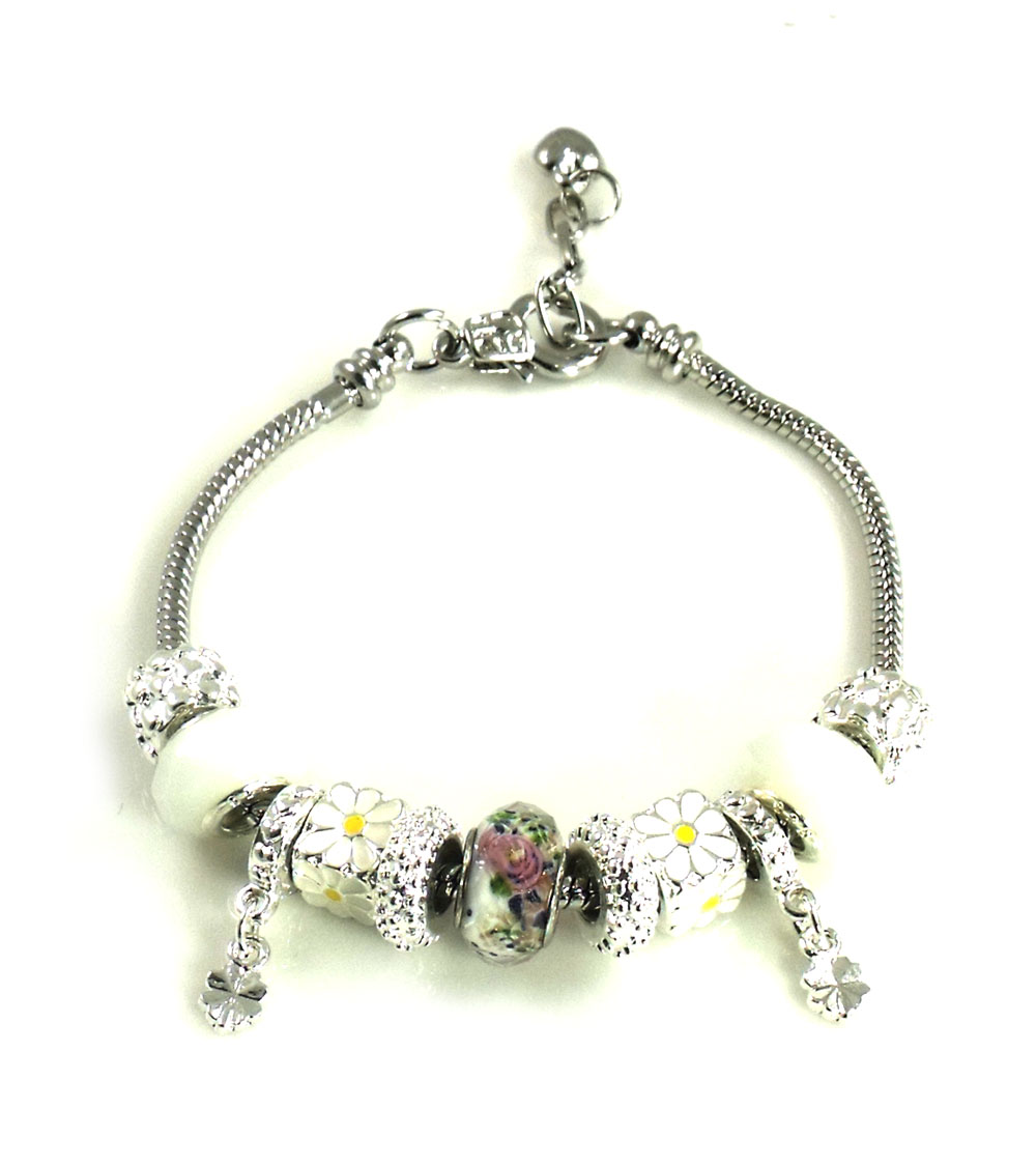 Athena Jewelry Murano Glass Bead Daisy Rose Snake Chain Bracelet