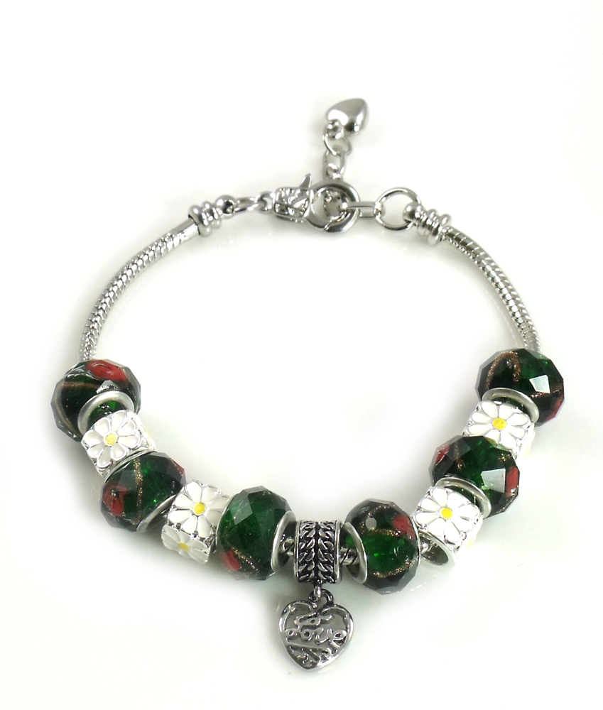 Athena Jewelry Murano Glass Bead Black Rose Snake Chain Bracelet