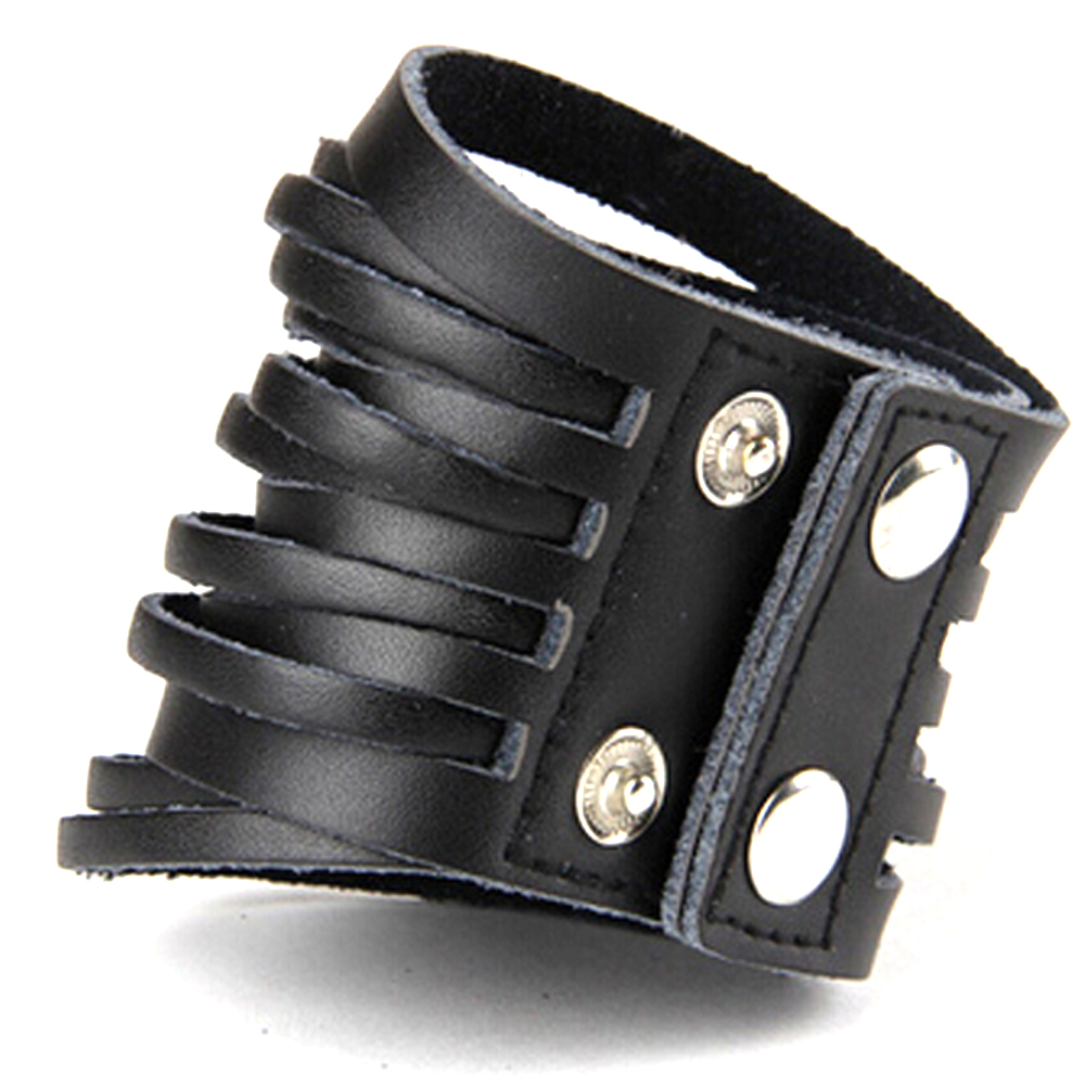 Punk Chic Jewelry Wide Black Leather Strand Bracelet