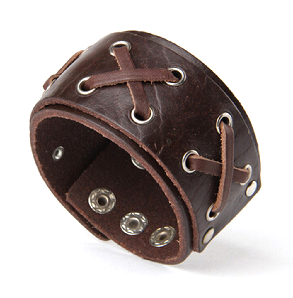 Punk Chic Jewelry Wide Brown Leather Lace Bracelet