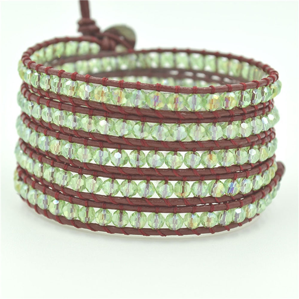 Lin Suu Jewelry Brown Leather Wrap Bracelet Green Beads